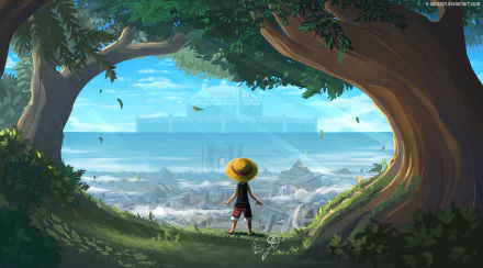 HD desktop wallpaper of Monkey D. Luffy from the anime One Piece, standing between trees and gazing at a distant castle across the ocean.
