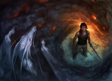 HD PC fantasy wallpaper: a sword-bearing sorcerer stands in a smoky vortex as a dragon's shadow coils through embers and mist.