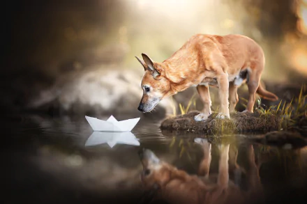 paper boat baby animal dog reflection water Animal puppy HD Desktop Wallpaper | Background Image
