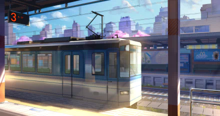 A vibrant anime-style depiction of a train at a station, featuring an urban backdrop with skyscrapers and a clear sky, designed as an HD PC desktop wallpaper and background.