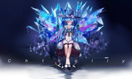 HD PC desktop wallpaper featuring Chtholly Nota Seniorious from the anime SukaSuka, depicted with vibrant blue crystal-like wings and a mystical atmosphere.
