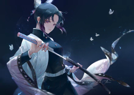 HD desktop wallpaper featuring Shinobu Kochou from the anime Demon Slayer: Kimetsu no Yaiba, displaying a serene background with butterflies and holding a sword.