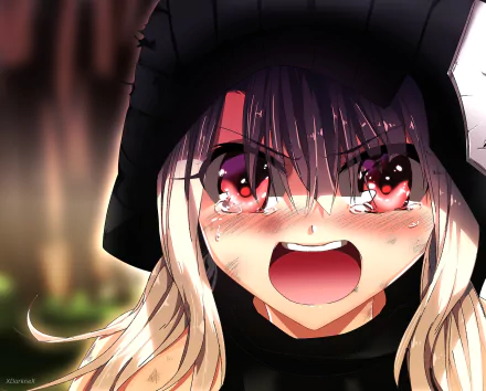 HD PC wallpaper featuring Illyasviel Von Einzbern as Assassin from Fate/Grand Order, depicted in expressive anime style with intense red eyes and tears.