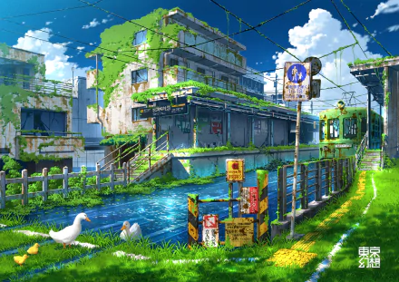 Anime post-apocalyptic scene of an overgrown urban area with abandoned buildings, vibrant greenery, and a clear blue sky. The HD desktop wallpaper and background features peaceful ducks by a water-filled path.