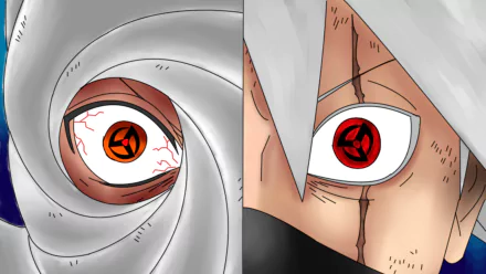 Close-up HD anime desktop wallpaper featuring Obito Uchiha and Kakashi Hatake from Naruto, highlighting their Sharingan eyes.