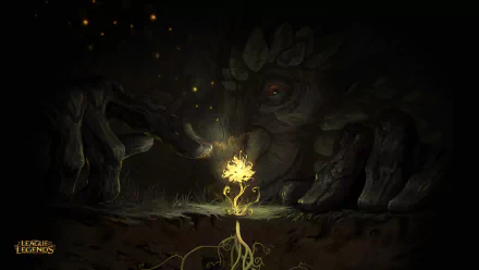 Ivern (League of Legends) cradles a glowing sprout in a dark forest, giant wooden hands and roots framing the light — 4K Ultra HD PC desktop wallpaper, League of Legends video game art.