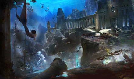 Underwater fantasy scene of a merman exploring ancient ruins and a sunken wreck, set against a vibrant ocean backdrop in HD quality.