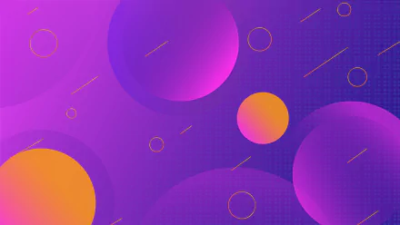 Abstract HD wallpaper featuring pink and violet circles with a gradient effect against a purple background, interspersed with small yellow circles and lines for a modern and vibrant visual appeal.