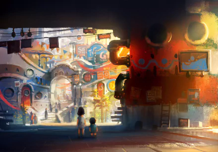 A vibrant fantasy town scene with colorful buildings and two children viewing the bustling streets, rendered in stunning 4K Ultra HD for PC desktop background.