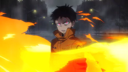 HD PC wallpaper featuring Shinra Kusakabe from the anime Fire Force, surrounded by intense flames and a dark, smoky urban background.