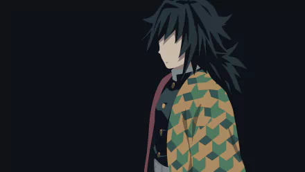 HD wallpaper of Giyuu Tomioka from the anime Demon Slayer: Kimetsu no Yaiba, featuring a stylish and minimalistic design with Giyuu in his iconic green and yellow patterned haori against a dark background.