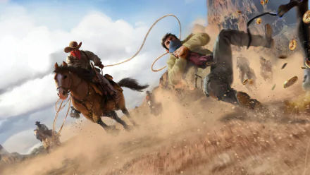 4K Ultra HD PC wallpaper depicting a cowboy chasing a man with a lasso in a dynamic Red Dead Redemption 2 video game scene.