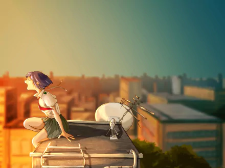 Kyōka Jirō (My Hero Academia) anime HD PC desktop wallpaper/background: Jirō perched on a rooftop at sunset with her earphone jacks and amp, city skyline fading behind her.