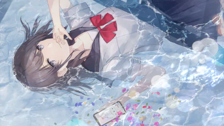 Anime-style HD desktop wallpaper of a girl with black hair and grey eyes in a school uniform, lying partially submerged in water while holding a phone.