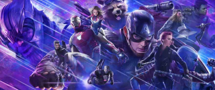 5K Ultra HD Avengers: Endgame wallpaper showing Captain Marvel, Captain America, Iron Man, Thor, Hulk, Black Widow, Hawkeye, Ant‑Man (Scott Lang), War Machine, Rocket, Nebula and Thanos.