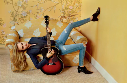 denim sofa guitar blonde model actress English Celebrity Cara Delevingne HD Desktop Wallpaper | Background Image