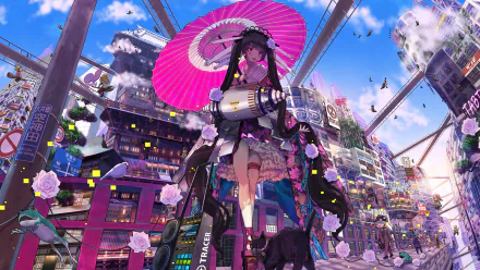 Anime wallpaper featuring a girl with long black hair, pink eyes, and a dress, holding a pink umbrella in a futuristic city with flowers and a bomb.