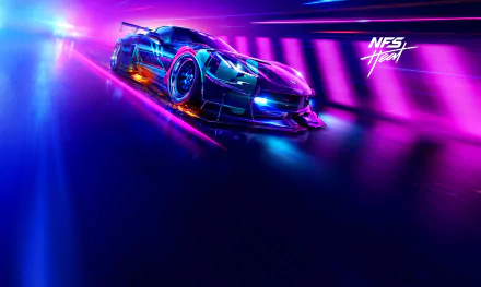 HD desktop wallpaper featuring a sleek car from the video game Need for Speed Heat, illuminated by vibrant neon lights in a dynamic racing scene.