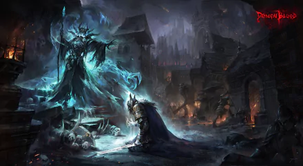 A dark, undead necromancer sorcerer confronts a kneeling knight warrior amid a fiery, ruined castle in this HD PC desktop wallpaper.