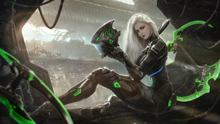 A white-haired cyberpunk woman warrior in futuristic armor, seated amid a sci-fi industrial backdrop, glowing with neon green accents, depicted in stunning HD detail.