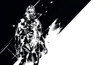 Black and white 4K Ultra HD PC wallpaper featuring Venom Snake from the video game Metal Gear Solid V: The Phantom Pain in a striking, abstract design.
