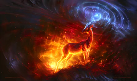 4K Ultra HD PC desktop wallpaper background: a magic fantasy antelope — a glowing fantasy animal with fiery hooves and a swirling blue cosmic aura over a red-black nebula.