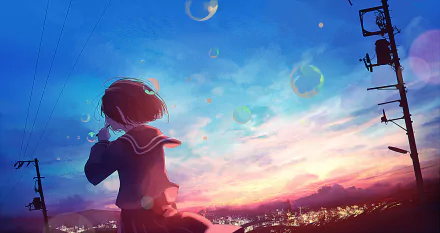 HD anime desktop wallpaper featuring an original character in a school uniform gazing at a colorful sunset sky with bubbles and city lights below.