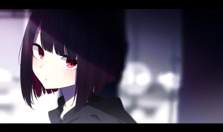 HD desktop wallpaper featuring an original anime character with red eyes and dark hair, creating a striking and atmospheric visual.