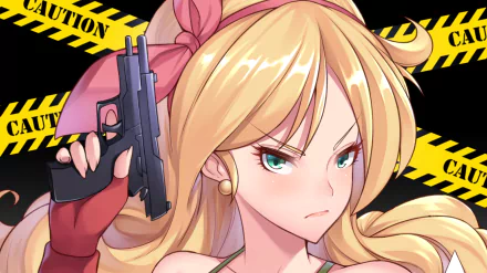 HD PC desktop wallpaper of Launch (Dragon Ball): blonde anime woman with gun, fierce green eyes and pink bow, posed against a black-and-yellow caution-tape background.
