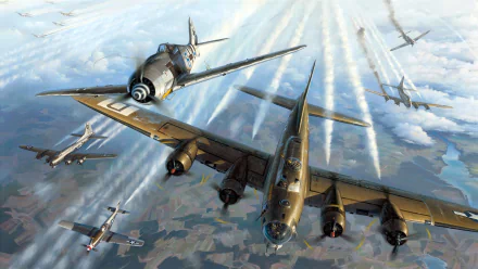 HD desktop wallpaper featuring a dramatic aerial scene with a Focke-Wulf Fw 190 warplane and a Boeing B-17 Flying Fortress bomber in military flight formation.