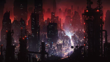 Futuristic sci-fi cityscape at night with towering skyscrapers illuminated by red and white lights, creating a dramatic and immersive HD PC desktop wallpaper background.
