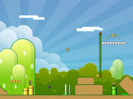 HD desktop wallpaper featuring a vibrant Super Mario World scene with iconic elements including green pipes, gold coins, and question blocks set against a bright, whimsical background with blue skies and clouds.