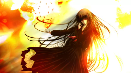 HD anime desktop wallpaper featuring Yuuko Kanoe from Tasogare Otome x Amnesia, with flowing hair and a dark dress against a glowing, fiery background.
