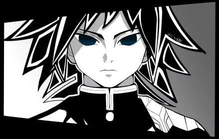 Stylized black and white 4K Ultra HD anime wallpaper featuring a close-up of a Demon Slayer: Kimetsu no Yaiba character with striking blue eyes for PC desktop background.