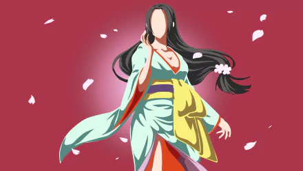 Minimalist 4K Ultra HD anime wallpaper featuring Boa Hancock from One Piece, with flowing hair and kimono-style outfit against a rich red background with falling petals.