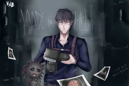 HD anime-style original desktop wallpaper featuring a serious young man holding a camera, standing against a dark wall with eerie writing and scattered photographs.