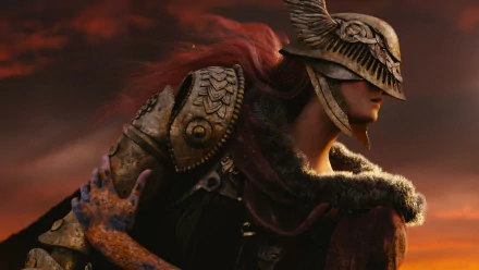 HD desktop wallpaper of Malenia Blade of Miquella from Elden Ring, featuring the character in armor against a sunset sky.