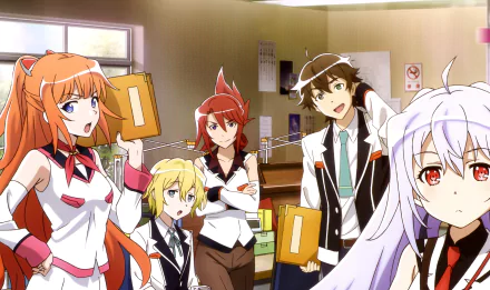 This HD desktop wallpaper features characters Kazuki Kuwanomi, Zack, Michiru Kinushima, Tsukasa Mizugaki, and Isla from the anime Plastic Memories, depicted in a lively office setting.