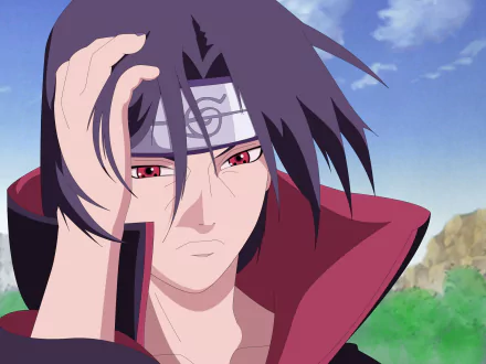 HD PC desktop wallpaper featuring Itachi Uchiha from the anime Naruto, with his iconic red Sharingan eyes and headband against a clear blue sky backdrop.