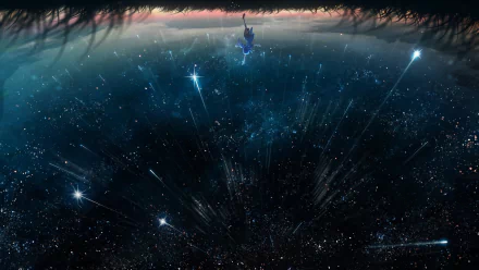 HD Anime desktop wallpaper featuring a starry sky with shooting stars, viewed from a grassy hilltop. An original depiction with a sense of depth and beauty.