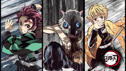 HD desktop wallpaper featuring Tanjiro Kamado, Inosuke Hashibira, and Zenitsu Agatsuma from Demon Slayer: Kimetsu no Yaiba, set against a wooden backdrop.