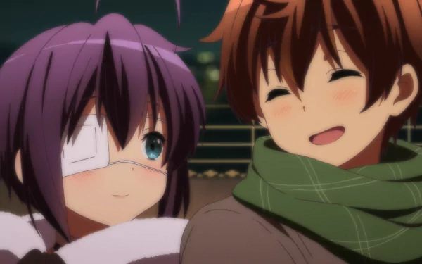HD PC desktop wallpaper of Yūta Togashi smiling beside Rikka Takanashi (eye patch) from Love, Chunibyo & Other Delusions, both in winter scarves against glowing night city lights.