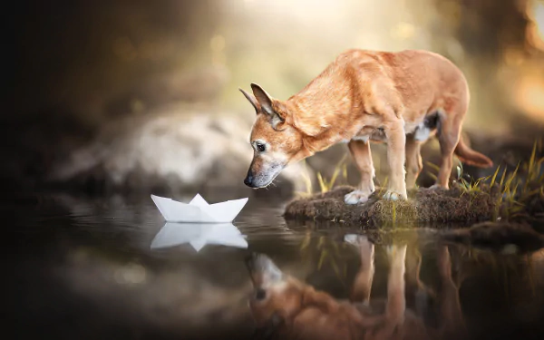 paper boat baby animal dog reflection water Animal puppy HD Desktop Wallpaper | Background Image