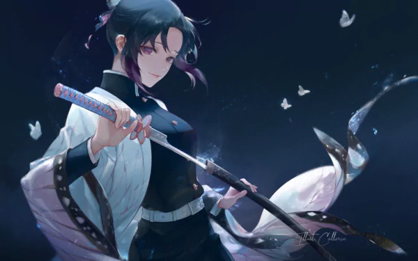 HD desktop wallpaper featuring Shinobu Kochou from the anime Demon Slayer: Kimetsu no Yaiba, displaying a serene background with butterflies and holding a sword.