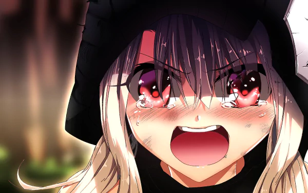 HD PC wallpaper featuring Illyasviel Von Einzbern as Assassin from Fate/Grand Order, depicted in expressive anime style with intense red eyes and tears.