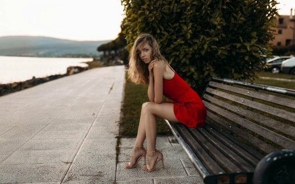 Women Model Red Dress Depth Of Field High Heels Bench HD Wallpaper | Background Image