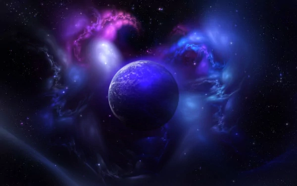 HD Sci-Fi desktop wallpaper featuring a majestic planet surrounded by vibrant cosmic nebulae with radiant stars, set against the vast expanse of space.
