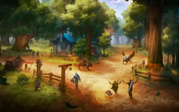A vibrant HD desktop wallpaper of Elwynn Forest from World of Warcraft, featuring lush trees, quaint houses, and various characters in a lively video game setting.