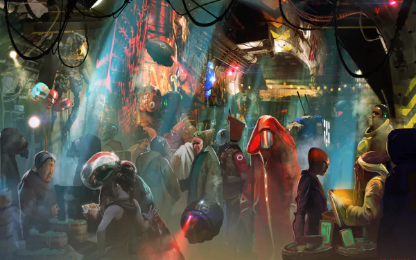 A bustling sci-fi market filled with diverse alien creatures and people under glowing neon lights, depicted in stunning 4K Ultra HD for a PC desktop wallpaper.