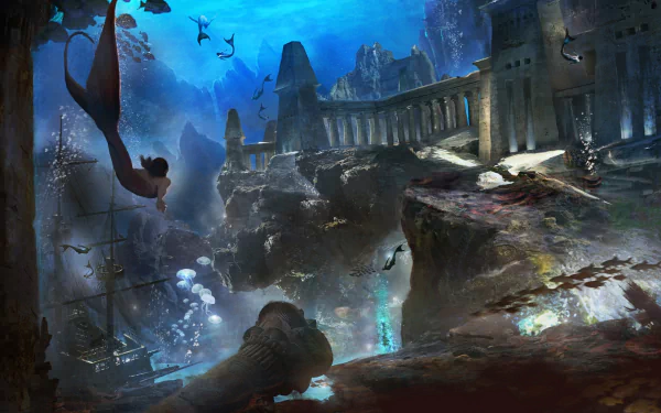 merman wreck underwater ruin fantasy mermaid HD Desktop Wallpaper | Background Image